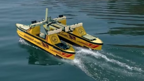 Autonomous AquaScanner catamaran performing bathymetry scan