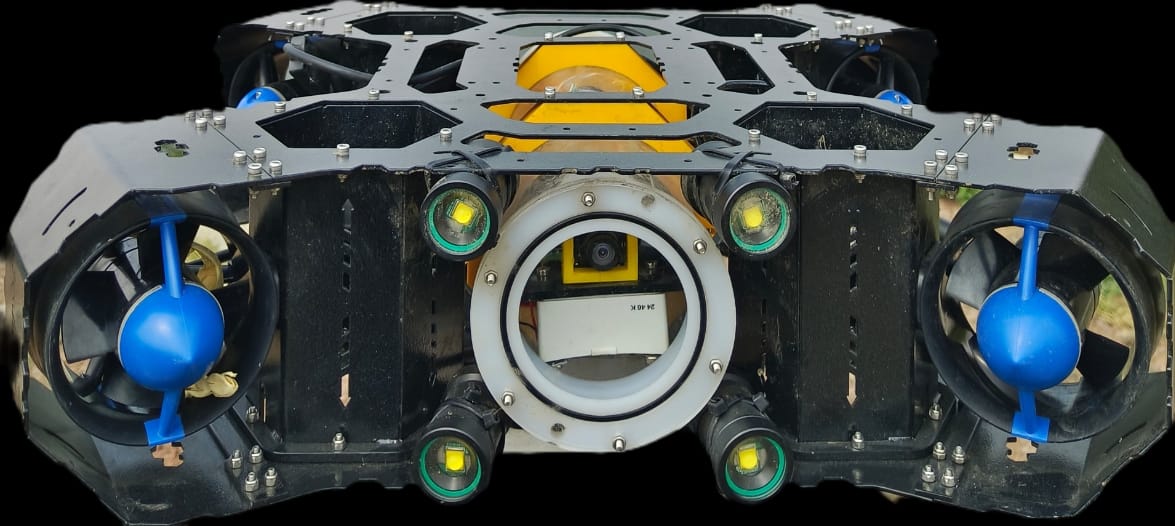 Underwater ROV inspecting submerged structure